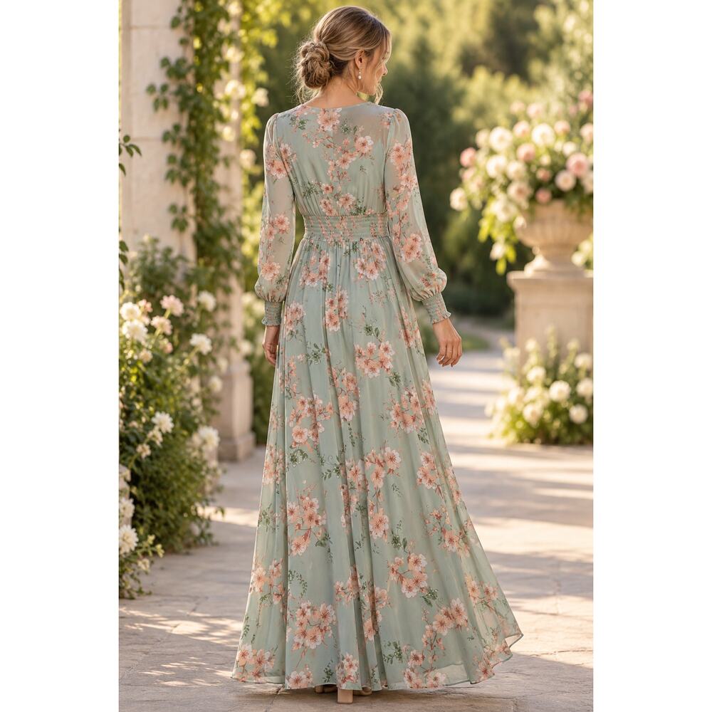 Baltic Born Olivia Maxi Dress L Sage Peach Floral Chiffon Smocked Wedding - Picture 2 of 16